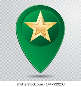 green map pointer with golden star and transparent shadow, vector illustration