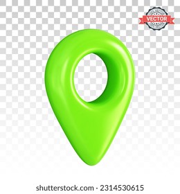 Green map pointer or GPS location icon in three-quarter front view. Realistic 3D vector graphics on transparent background