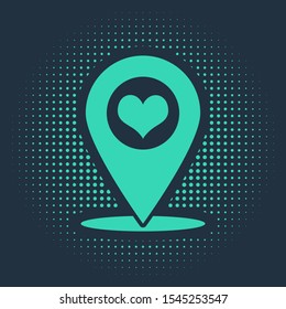 Green Map pointer with heart icon isolated on blue background. Abstract circle random dots. Vector Illustration