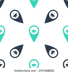 Green Map pointer with hot coffee cup icon isolated seamless pattern on white background. Vector.