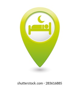 Green map pointer with hotel icon.