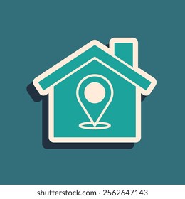 Green Map pointer with house icon isolated on green background. Home location marker symbol. Long shadow style. Vector