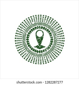Green map pointer icon inside distress grunge style stamp