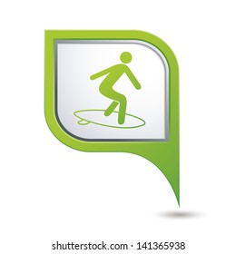 Green map pointer with man on surf icon.