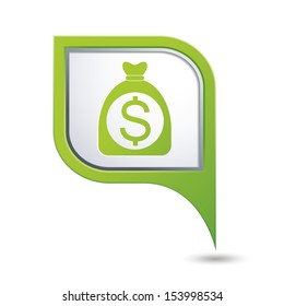 Green map pointer with money bag and dollar icon. Vector illustration