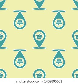 Green Map pointer with shopping basket icon isolated seamless pattern on yellow background. Pin point shop and shopping. Supermarket basket symbol. Vector Illustration