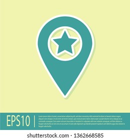 Green Map pointer with star icon isolated on yellow background. Star favorite pin map icon. Map markers. Flat design. Vector Illustration