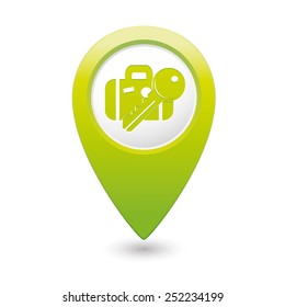 Green map pointer with suitcase and key icon