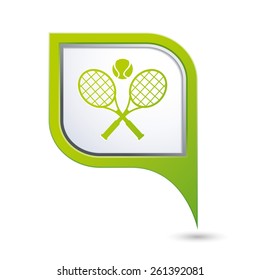 Green map pointer with tennis racket and ball icon.