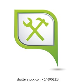 Green map pointer with tools icon. Vector illustration