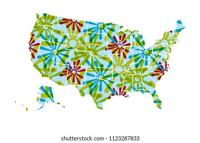 Green map of United States of America.