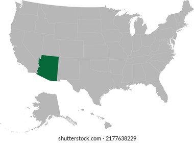 Green Map of US federal state of Arizona within gray map of United States of America