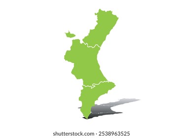 Green map of the Valencian Community (Spain) with shadow