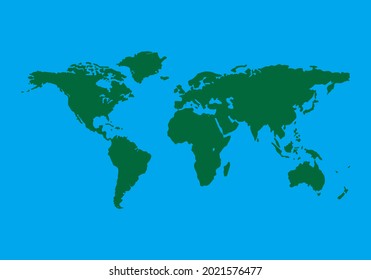 Mapa verde del mundo sobre el fondo azul, Diseño del vector del mapa mundial, Icono del mapa mundial similar de Globe. Silueta de mapa para plantillas, negocios,