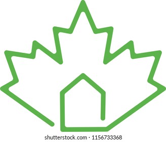 Green maple leaf Canadian house symbol. Canada flag logo. Concept of safe immigration and migration programs to America or eco home in Canada using new technologies, nature protection and fresh air