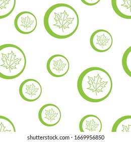 Green maple leaf in a circle. Seamless pattern. Hand-drawn illustration on a white background.