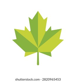 Green maple leaf in flat geometric style with two-tone olive and lime polygonal segments, five pointed lobes and stem, minimalist vector illustration isolated on white background.