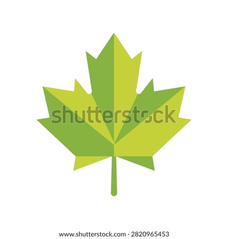Green maple leaf in flat geometric style with two-tone olive and lime polygonal segments, five pointed lobes and stem, minimalist vector illustration isolated on white background.
