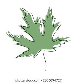 Green maple leaf one line continuous drawing vector. Botanical outline illustration. Hand drawn linear silhouette icon. Minimal design element for print, banner, card, wall art poster, logo.