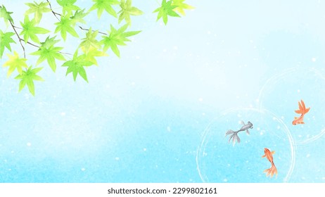 Green maple leaves and goldfish vector illustration painted by watercolor