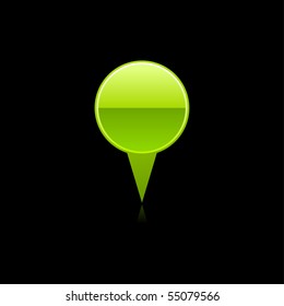 Green mapping pin web 2.0 internet button. Glassy round shape with color reflection on black background