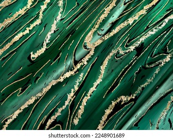 Green marble and gold abstract background texture. Color marbling with natural luxury style golden lines . Vector illustration