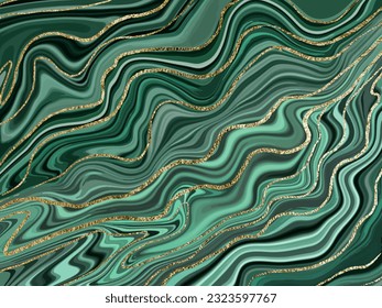 Green marble and gold abstract background texture. Abstract marbling with natural luxury style lines of marble and gold powder. Vector illustration