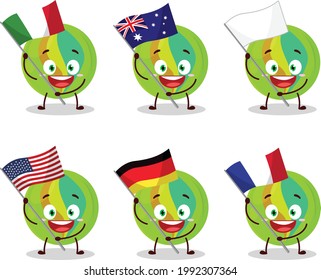 Green marbles cartoon character bring the flags of various countries. Vector illustration