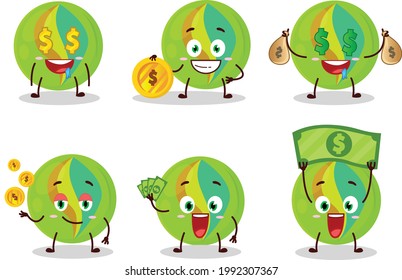 Green marbles cartoon character with cute emoticon bring money. Vector illustration