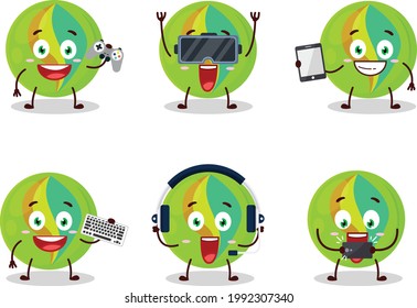 Grüne Marmor Cartoon Charakter spielen Spiele mit verschiedenen süßen Emoticons. Vektorgrafik
