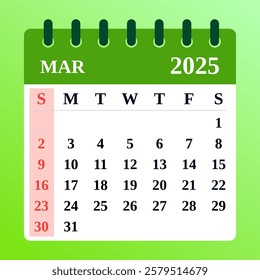 Green march 2025 Monthly Calendar and Planner, Strategic March 2025 Time Planner. March 2025 Calendar and Productivity Map. Vector illustration. Flat design