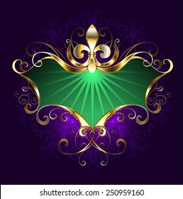 Green Mardi Gras banner with golden lily ( fleur de lis ) on purple background.