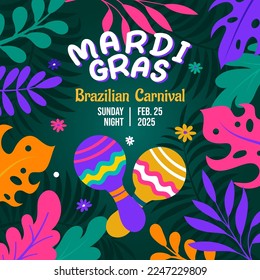 Green Mardi gras carnival background with colorful decorative flat elements