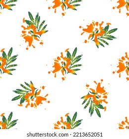 Green marigold leaves and orange flowers prints seamless pattern. Summer floral repeating texture. Handcrafted nature plant decoration for fabric design, wallpapers, wrapping paper and others.