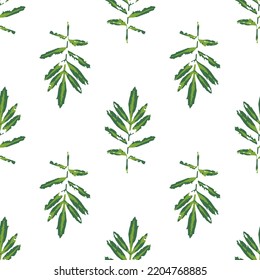 El patrón de las hojas de oro verde es impecable. Textura de repetición de follaje de primavera. Decoración artesanal de plantas naturales para el diseño de tejidos, tapices, papel de envoltura y otros. Ilustración vectorial EPS8.