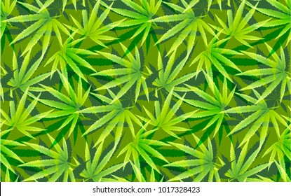 Green marijuana background vector illustration. Seamless pattern marihuana leaf herb narcotic textile. Grass medical agriculture addictive weed nature forbidden.
