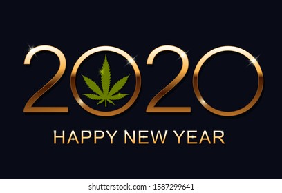 Green Marijuana leaf and 2020 year on blue background. Vector illustration Christmas and Happy New Year.