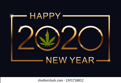 Green Marijuana leaf and 2020 year on blue background. Vector illustration Christmas and Happy New Year.