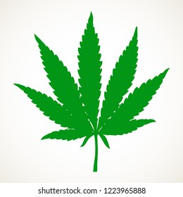 Green Marijuana leaf. Hand drawn narcotic cannabis design element. Hemp vector illustration isolated over white background.