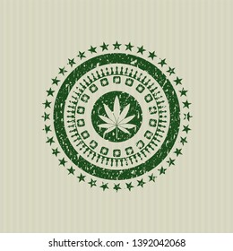 Green marijuana leaf icon inside distress rubber grunge texture stamp