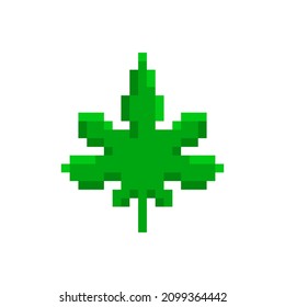 Icono de píxel verde de la hoja de marihuana. Pixelado con efecto relajante del cannabis narcótico ganja natural con efecto vector medicinal