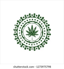 Green marijuana leaf, weed icon inside distress rubber grunge texture stamp