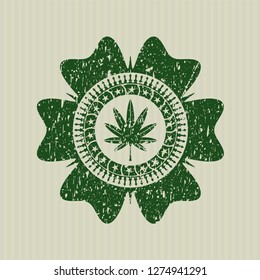Green marijuana leaf, weed icon inside distressed rubber grunge stamp