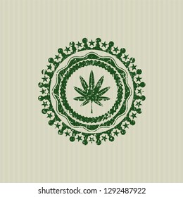 Green marijuana leaf, weed icon inside distressed rubber grunge texture stamp