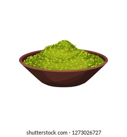 Green marjoram powder in ceramic bowl. Natural spice for dishes. Cooking ingredient. Flat vector icon