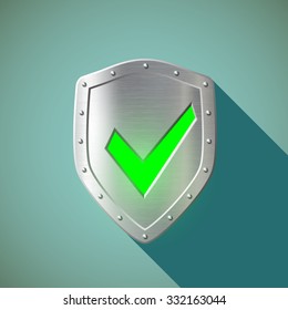 Green mark on the metal shield. Flat design. Stock vector illustration.