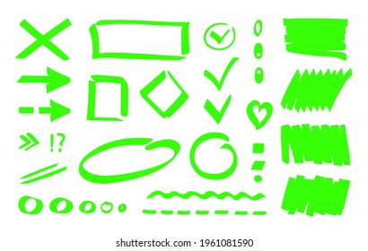 Green marker highlighter shapes, marks, pointers, strokes, lines. Simple hand drawn editable vector elements for notes, bullet journal, memo, planner, collaboration