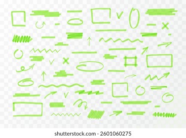 Green marker pen lines and shapes vector set. Transparent brush pen hand drawn underline strokes, arrows, cross and check mark. Highlighter collection, wavy and zigzag brush lines, geometric shapes