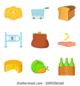 Green market icons set. Cartoon set of 9 green market vector icons for web isolated on white background