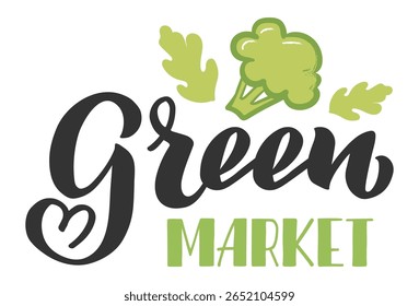 O logotipo do mercado verde promove alimentação saudável e produtos locais com brócolis e rúcula, incentivando os consumidores a apoiar a agricultura sustentável e desfrutar de alimentos frescos e nutritivos